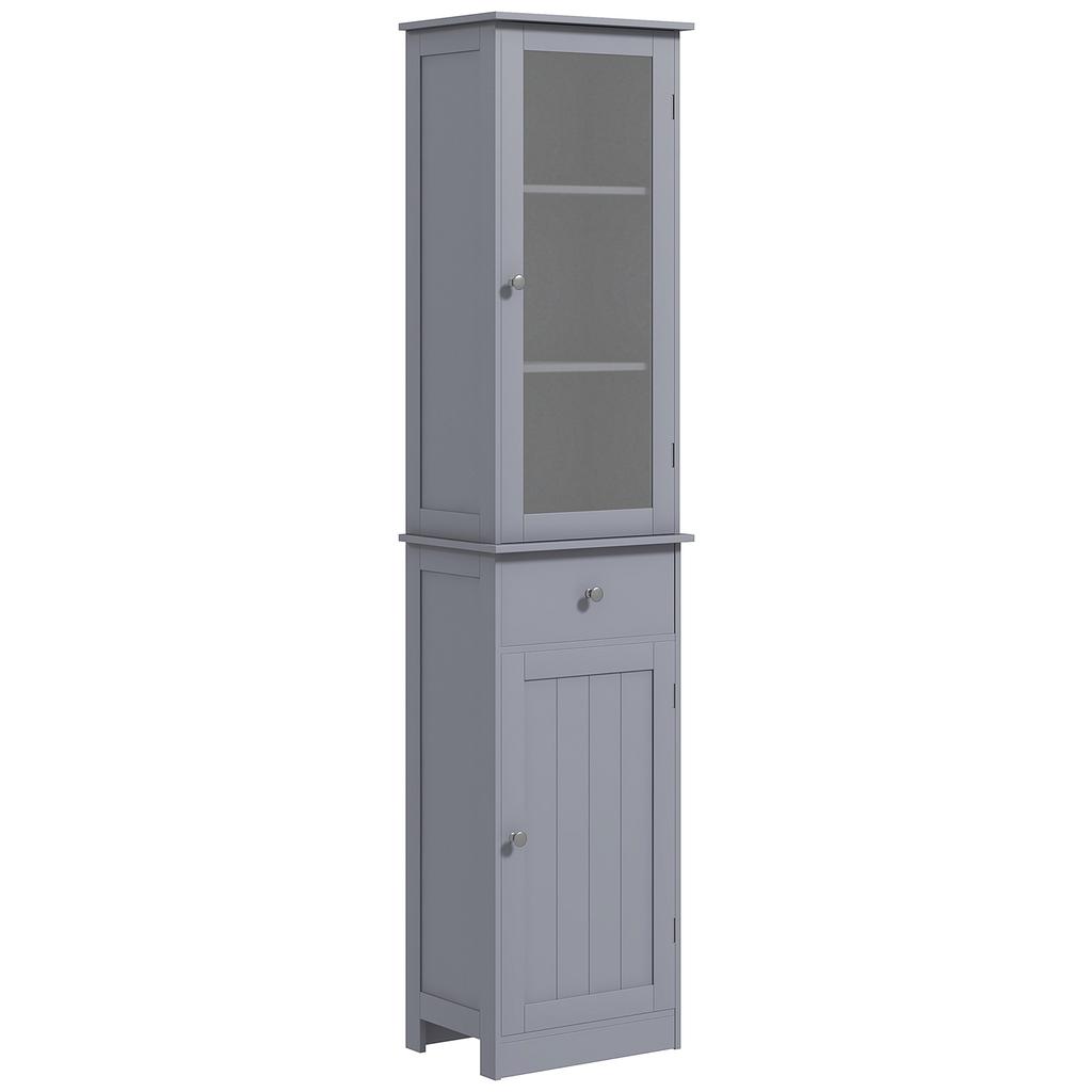 Mobiletto da Bagno con Ripiano a 3 Piani, Cassetto, Ante, Mobile Basso Autoportante Alto Sottile Organizzatore Laterale, Grigio