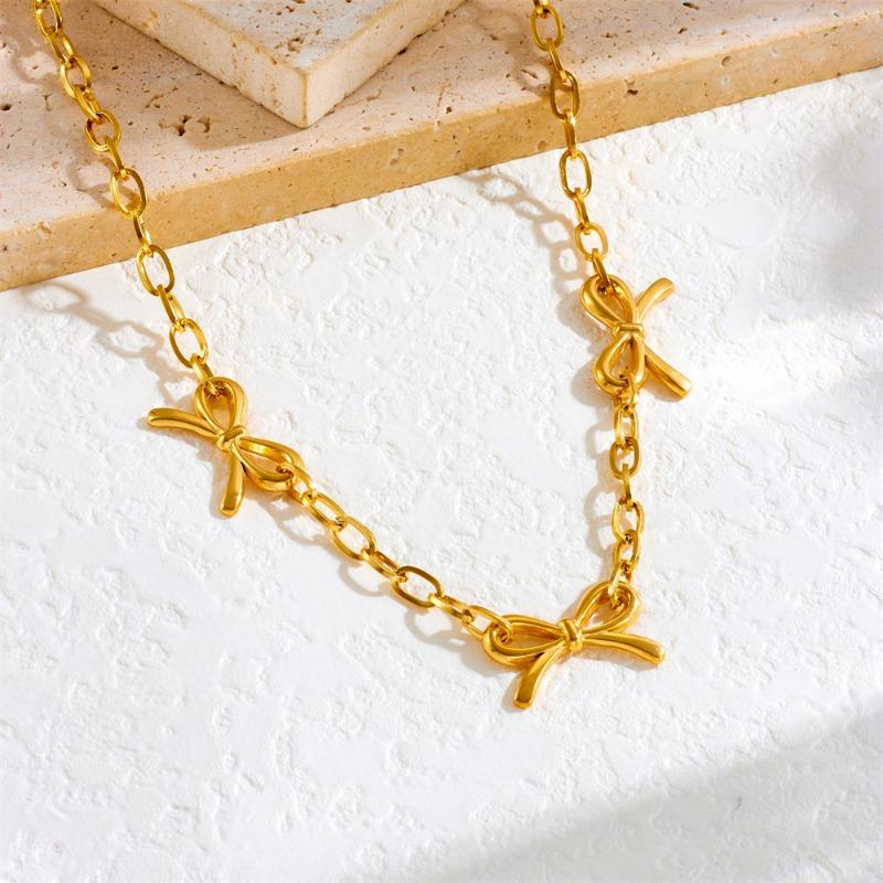 18K Gold Plated Triple Bow Charm Necklace, Dainty Paperclip Chain Bowknot Choker for Women, Cute Daily Jewelry