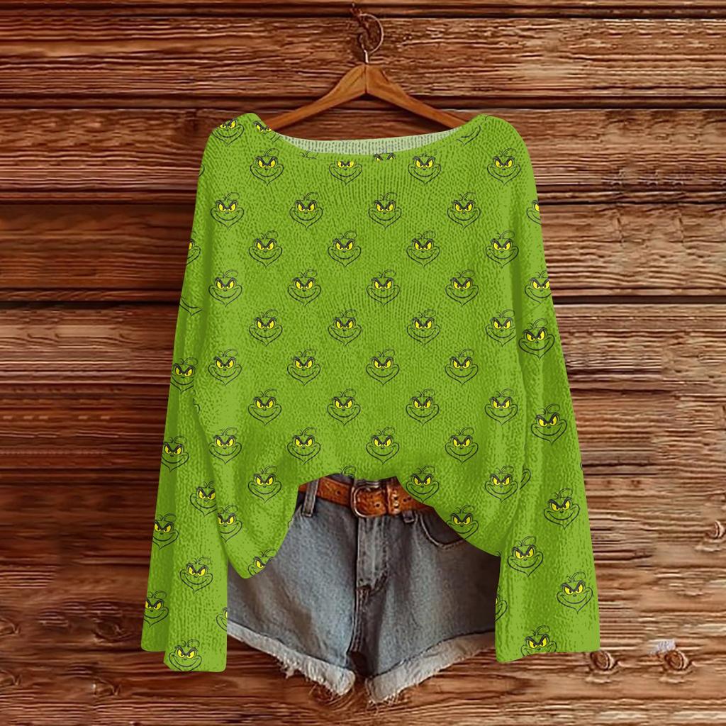 Women's Round Neck Lightweight Sweater Casual Long Sleeve Christmas Print Knit Pullover.