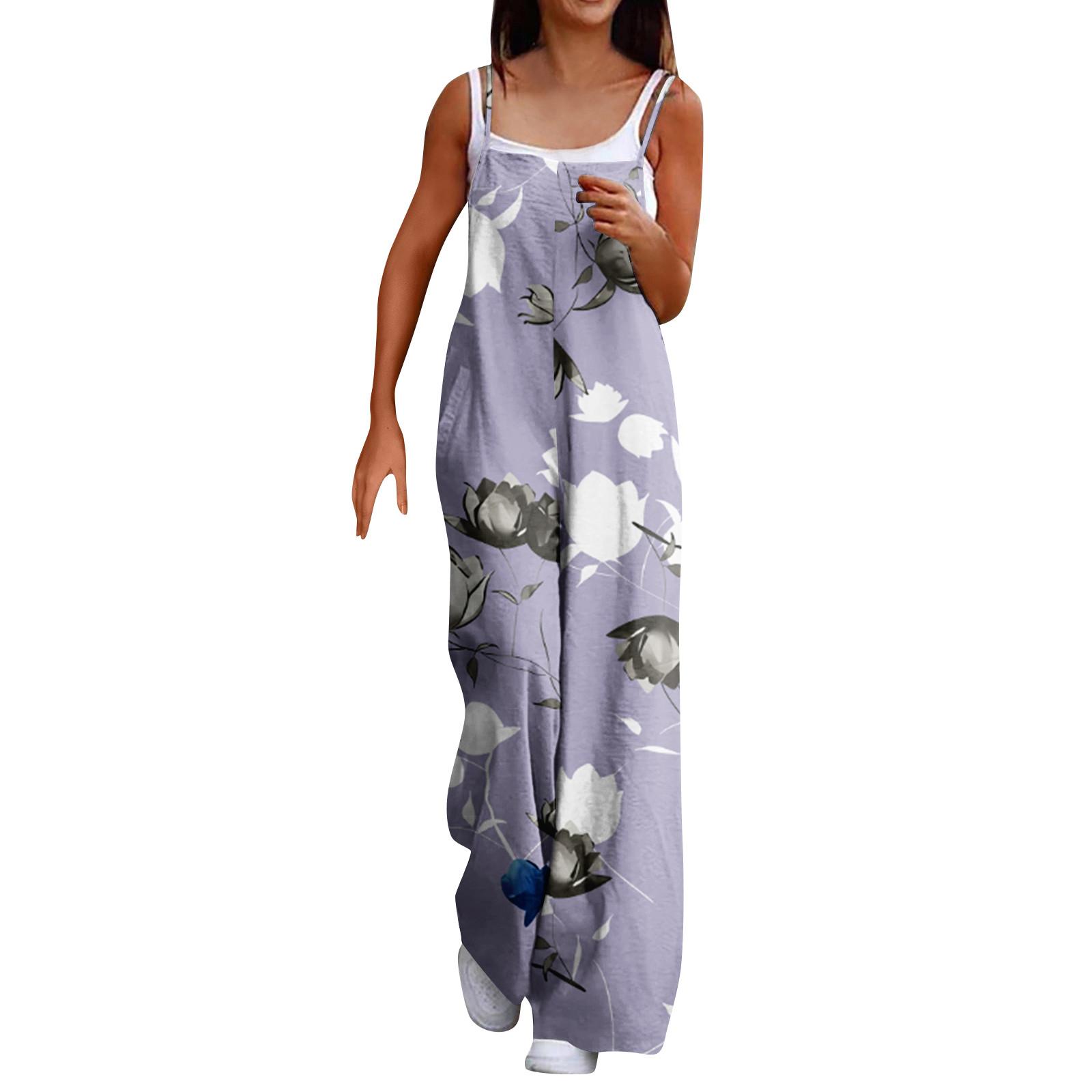 

Широкий комбинезон для женщин, повседневный свободный комбинезон без рукавов с принтом и пуговицами, длинные брюки, комбинезон с карманами XL фиолетовый