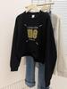 Large American Print Round Neck Pullover: Belly-Covering, Casual, Versatile Long Sleeve Cropped Sweater