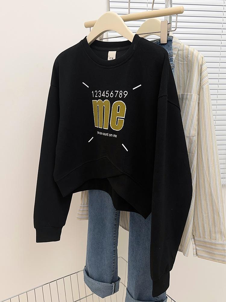 Large American Print Round Neck Pullover: Belly-Covering, Casual, Versatile Long Sleeve Cropped Sweater