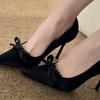 Black Bow High Heels Women's 2025 Spring and Autumn New Pointed Silk Temperament Silver Light Mouth Stiletto Shoes