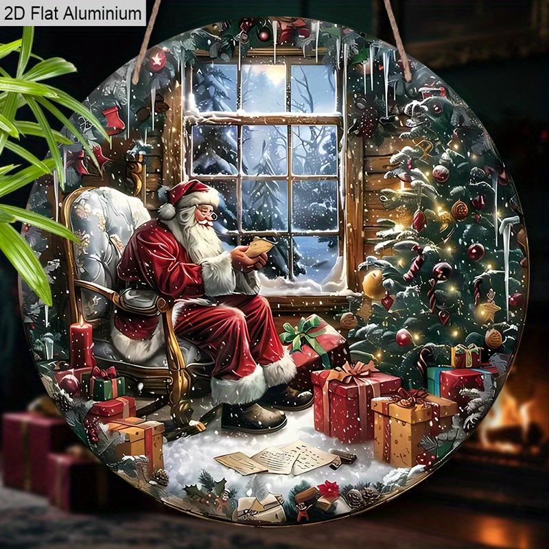 2D Flat Aluminium Oil Painting Style Christmas Sign with Santa Claus Pattern - Warm Winter Figurine Ornaments - Ideal for Front Door, Wall, Porch