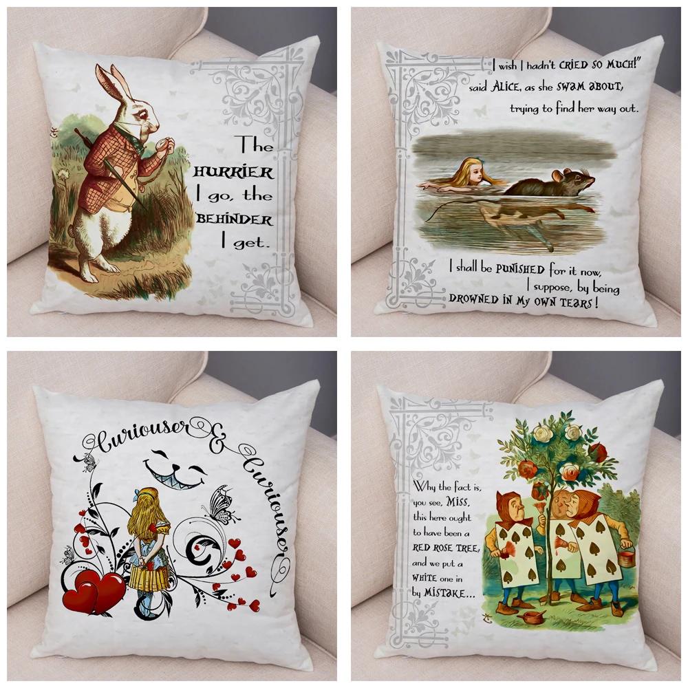 Alice In Wonderland Cushion Cover Cute Rabbit Cat Printed Sofa Pillow Vintage Home Decorative Pillow Case for Children Room