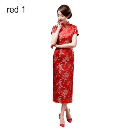 Traditional Chinese Women Long Cheongsam Bridesmaid Short Sleeve Evening Dress