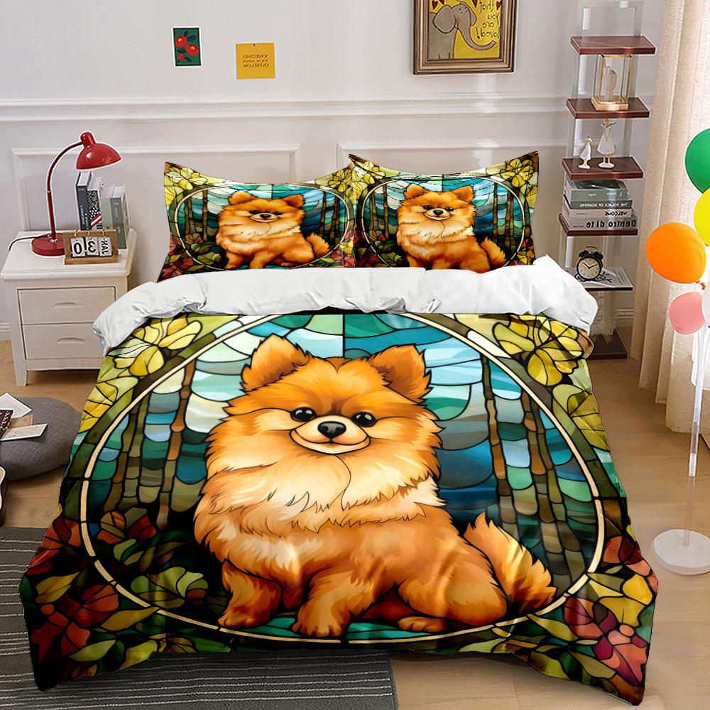 Floral Dog Art Decor Set Bedding Set With 1 Duvet Cover 2 Pillowcases Single Double King Queen, Gift