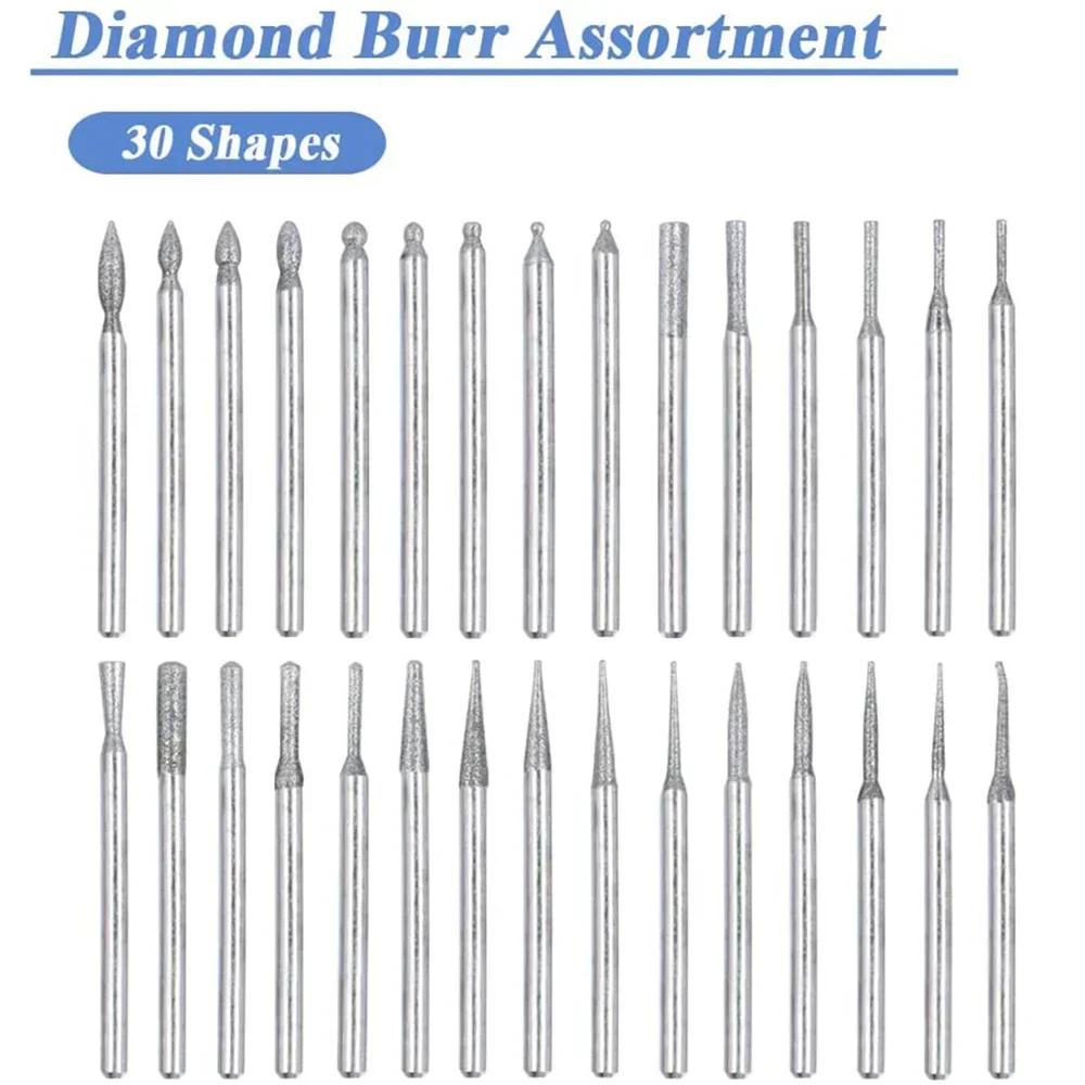 STONEGO 30pcs Diamond Grinding Set - 3mm Shank Needle Points for Engraving & Polishing Glass, Jade