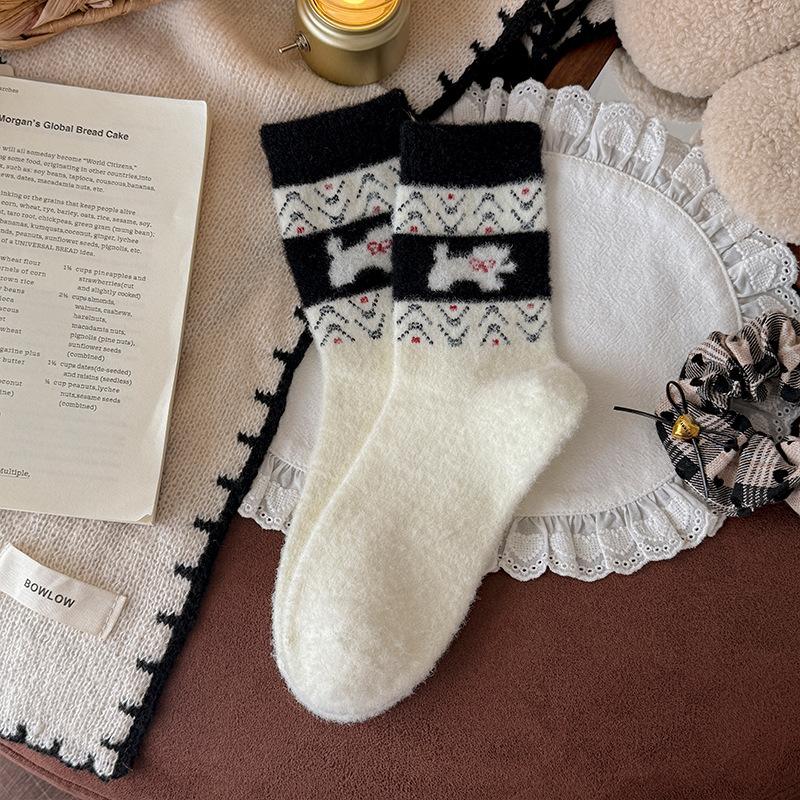 Fair Island Puppy Australian Fleece Socks for Winter Women, Thickened Mid-calf Socks, Comfortable and Casual Fleece Socks with Birken Shoes