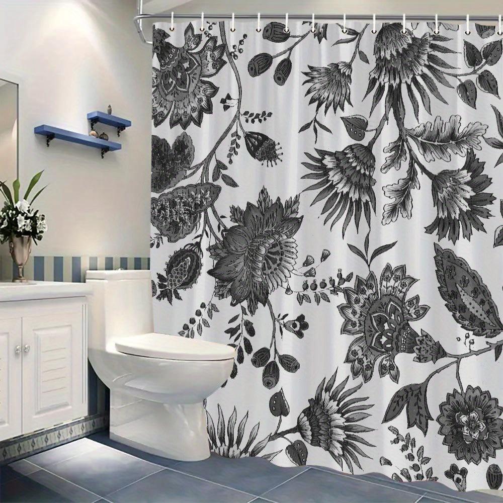 1 Solid Color Botanical Digital Painting Shower Curtain, Dense Floral Pattern, Polyester Fabric, Machine Washable, With Hooks