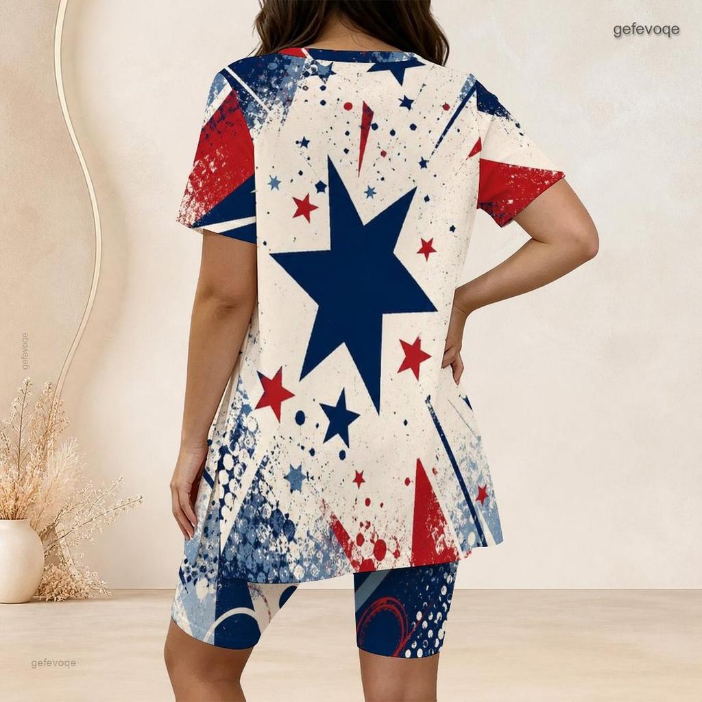 Women Plus Size Two Piece Set Crew Neck Short Sleeve Side Slit Top And Biker Shorts Cosmic Swirl Galaxy Print Outfit