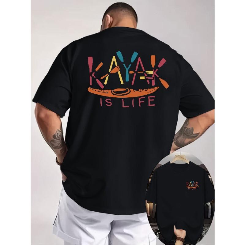 European Sizes Men's T-Shirt with Double-Sided Colorful Kayak Slogan Print, Water Sports Style, Suitable for Paddling, Daily Wear, and Outdoor Outfits