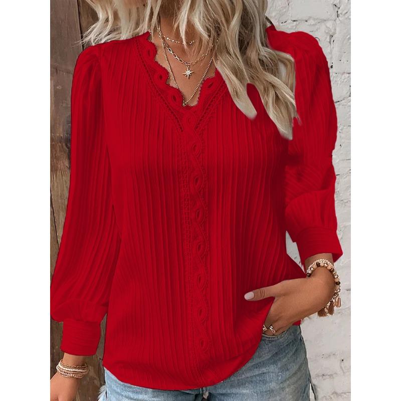 YYFS Women's Fashion Casual Spring Fall Solid Color Print Pullovers & Long Sleeves V-Neck Blouses & Shirts