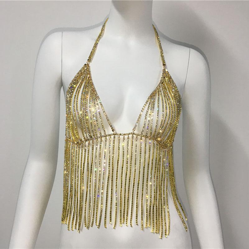 Bling Tassel Rhinestone Crop Top Women Nightclub Crystal Halter Bra Diamond Bikini Body Chain Jewelry