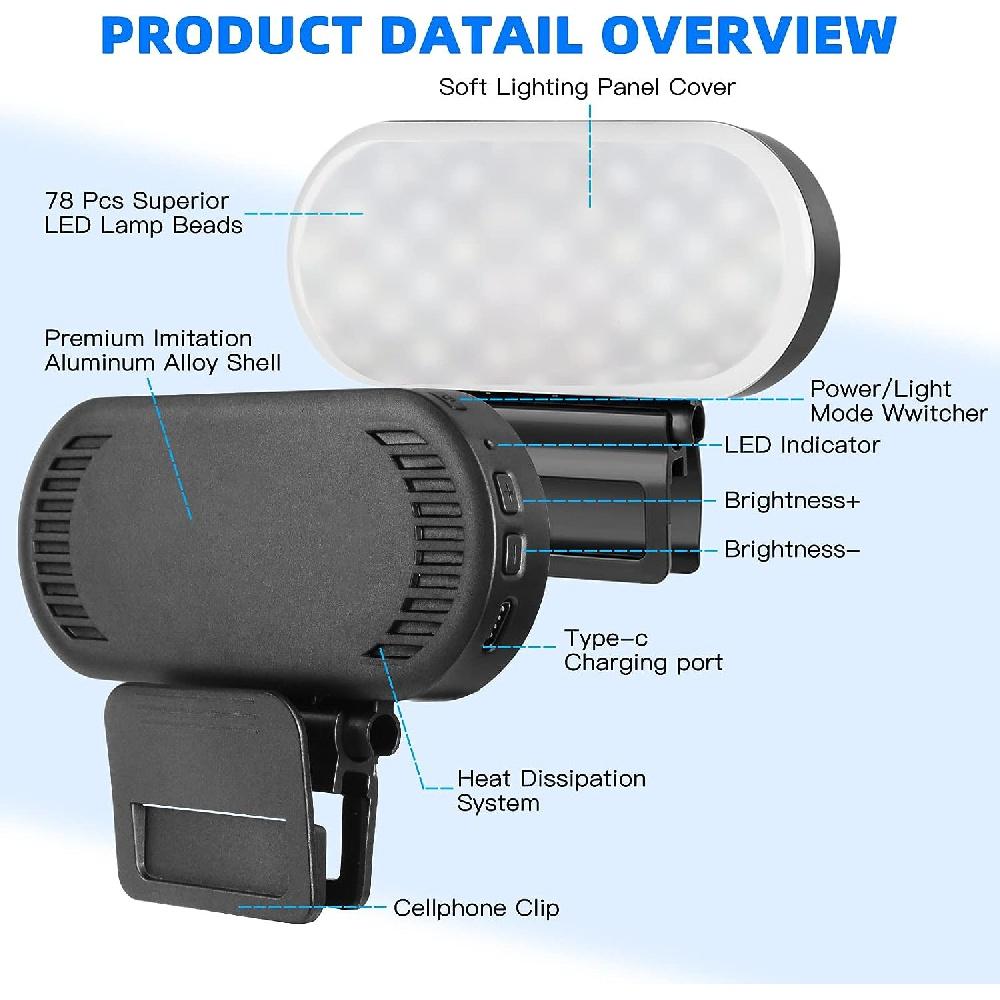 78 LED Video Light 2600-6000 K 3 Light Modes 10-Level Dimmable Built-in 3000 mAh Batteries CRI 95+ High Power Panel Light with 3 Bases