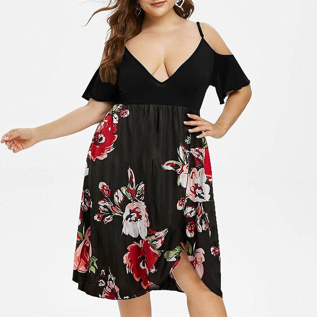 Women's High Waist Belly Concealing V-Neck Strapless Printed Plus Size Dress