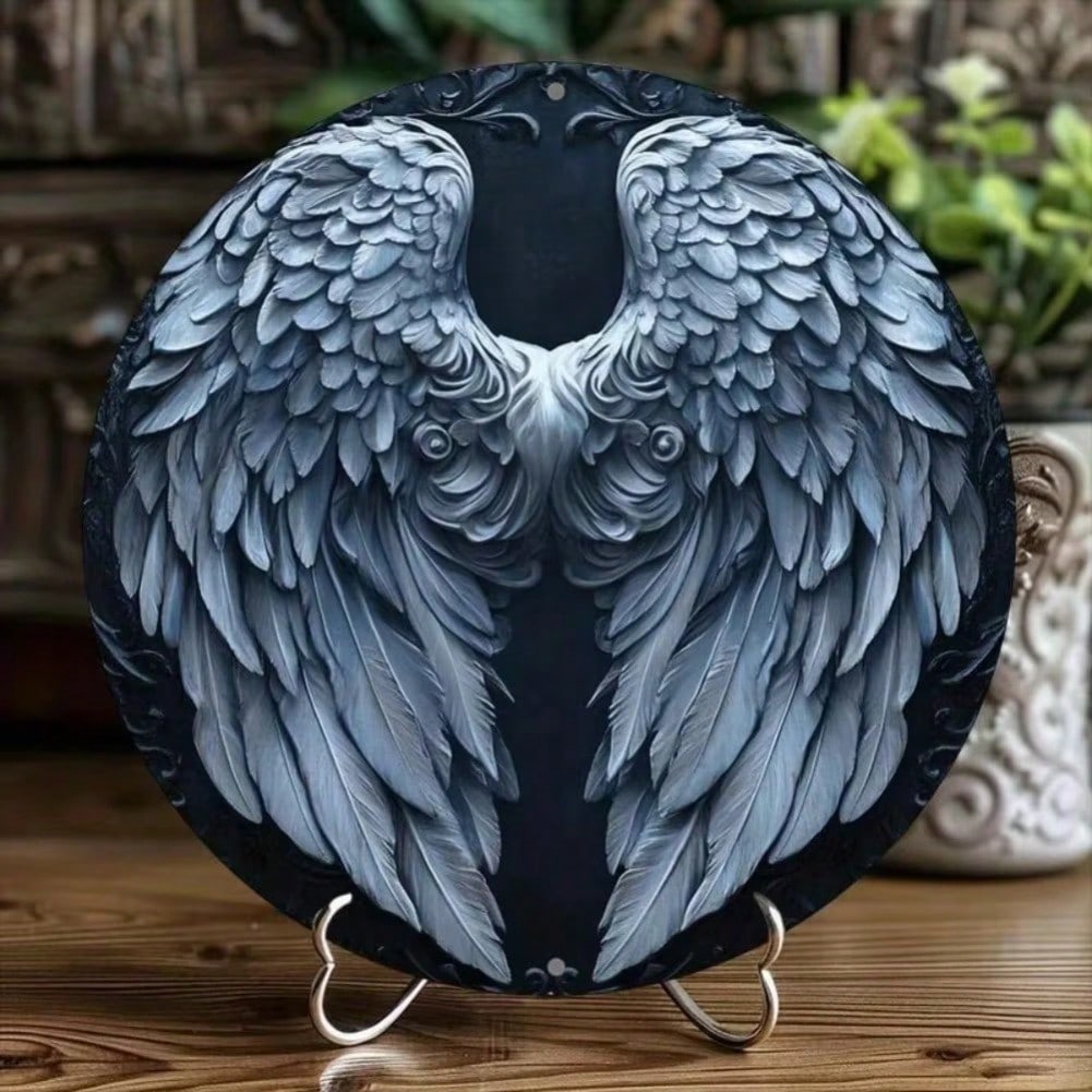 Vintage Angel Wings Aluminum Round Metal Wall Art for Home Cafe Decor