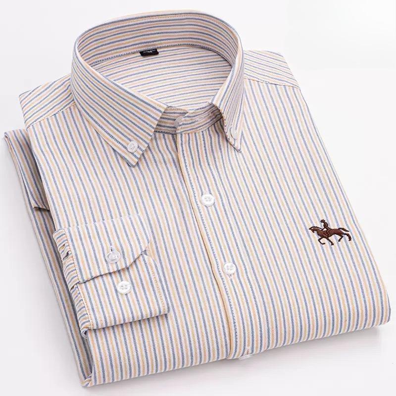 

Trend Hub Рубашка Оксфорд из 100% чистого хлопка для мужчин с коротким рукавом, однотонная в полоску, для отдыха, с вышивкой лошади, социальная, деловая, формальная 42