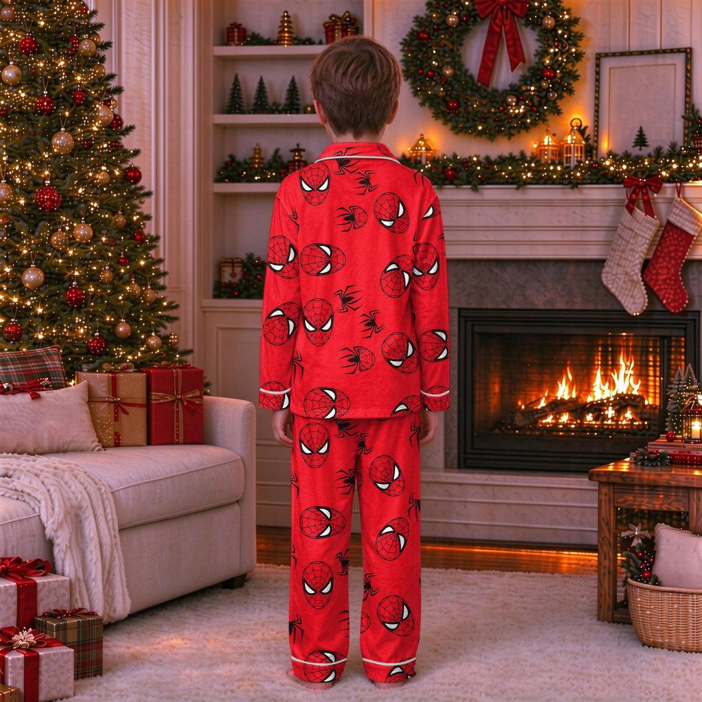 Christmas Parent-Child Matching Outfit with Stand Collar, Button Front and Festive Print