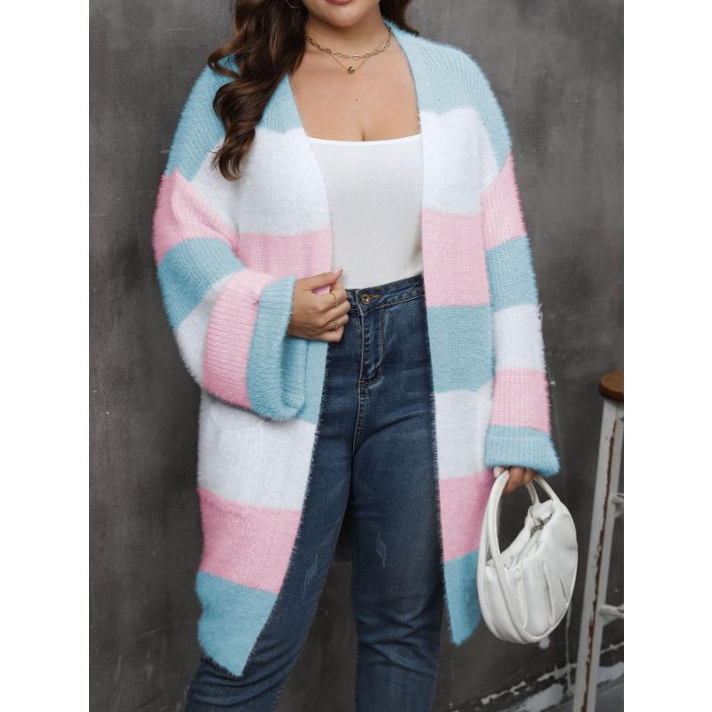 Women S Plus Size Striped V Neck Long Sleeve Knit Cardigan Coat
