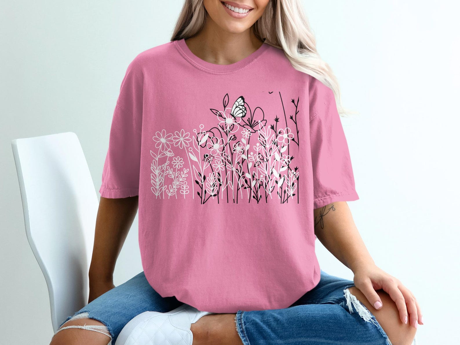 Wildflower Butterfly T-Shirt, Botanical Line Art Meadow Tee, Nature Lover Gift 2XL