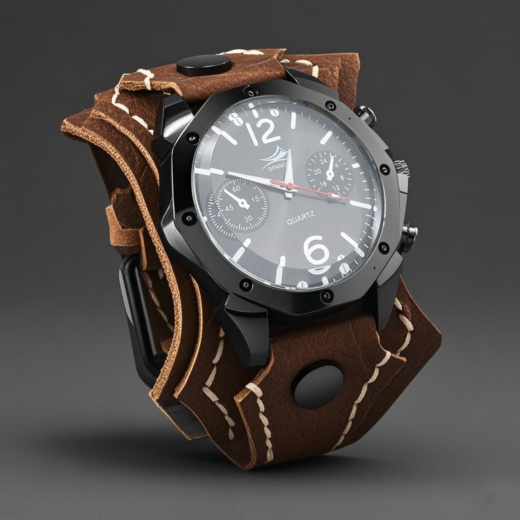 Men'S Punk Rock Style Large Dial Quartz Watch Vintage Multi Layer Hand Stitched Cowhide Strap