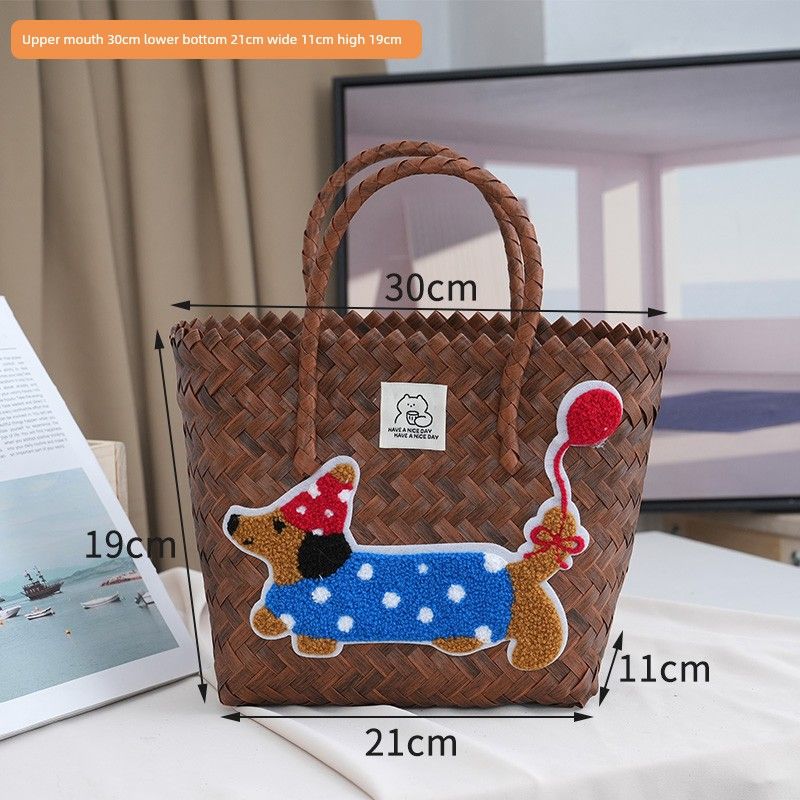 

Сумка-корзина для овощей в виде собаки-таксы, сумка для работы, сумка для поездок на работу, ретро-сумка с бамбуковой ручкой, водонепроницаемая плетеная сумка, сумка для ланч-бокса, сумочка Braided Handle Bleo Dog Plus Label
