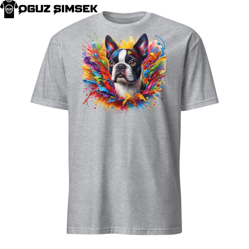 

Vibrant Short-Sleeve Unisex T-Shirt: Colorful Boston Terrier Dog Design XL