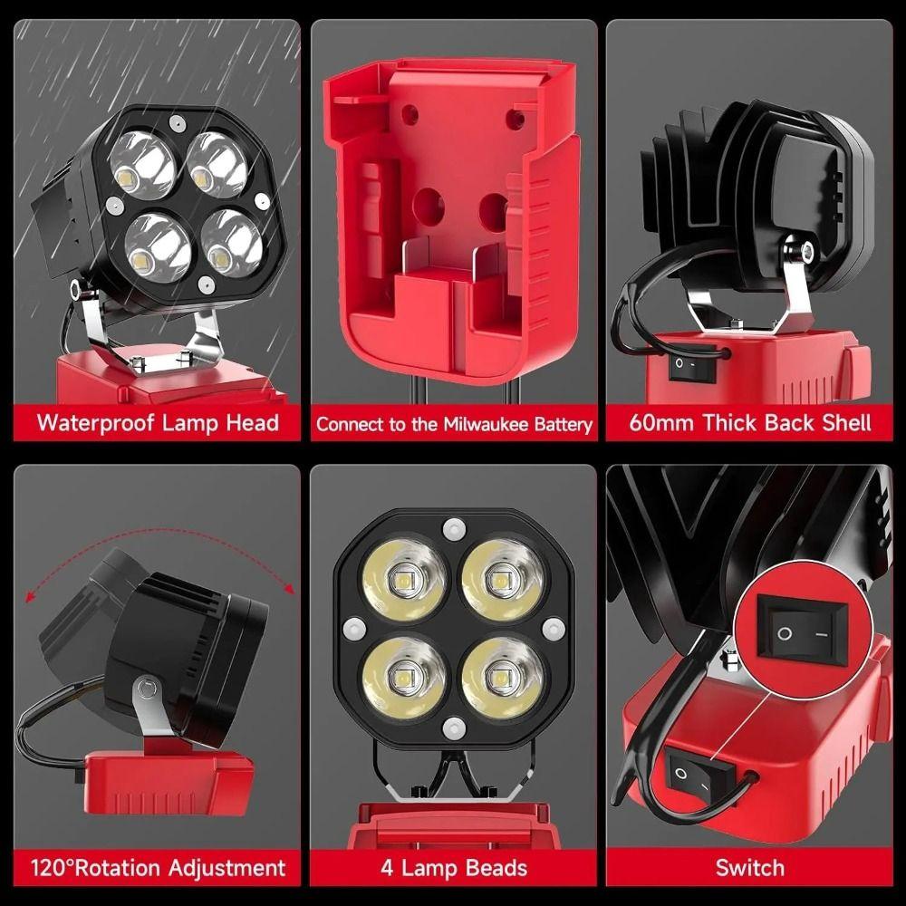 Portable 40W LED Work Light 12-24V 6500K Job Site Lighting 6000LM Garage Light for Milwaukee M18 Construction