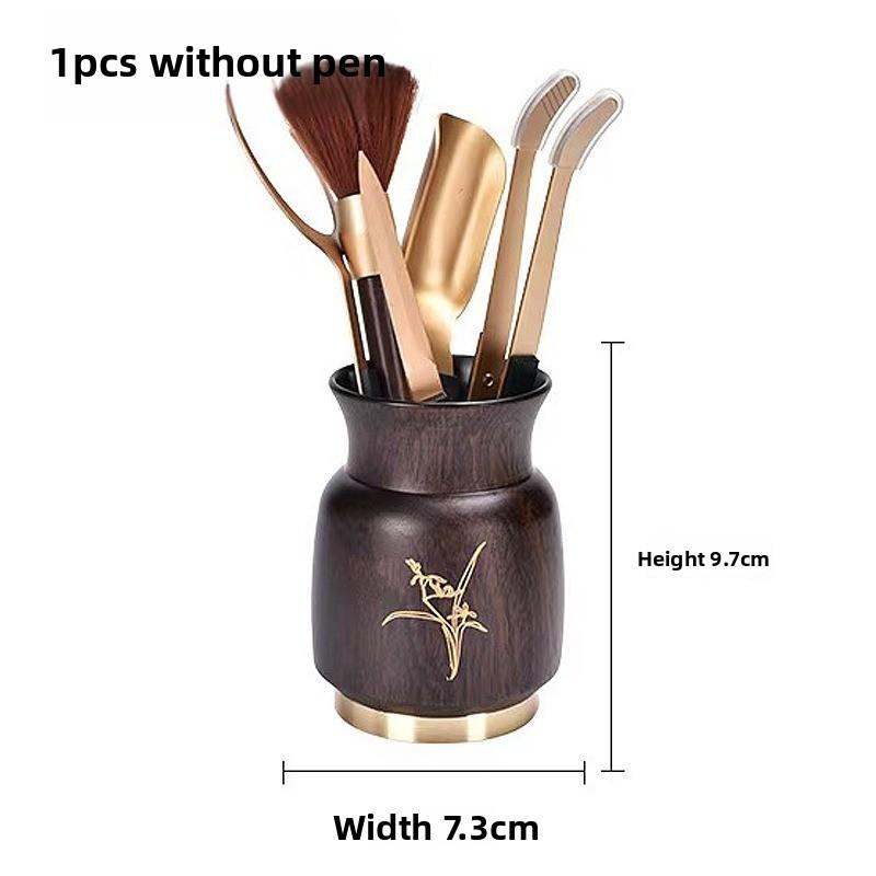 1pcs Multifunctional Ebony Wood Pen Holder Chinese Style Engraved Desktop Organizer Retro Wooden Desk Decor Business Gift Box
