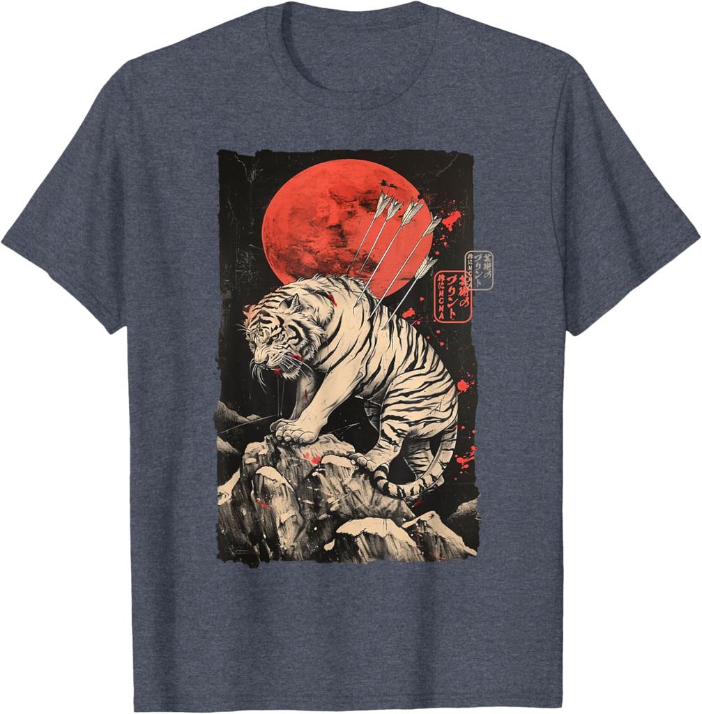 Wounded Tiger with Arrows Japanese Art Graphic Tee Mens Casual Round Neck TShirt Breathable Print