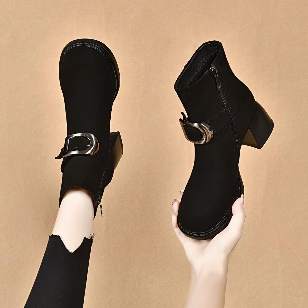 

Модные женские осенне-зимние ботинки с круглой пряжкой, на толстом каблуке, из тонкой кожи, утепленные хлопком, черные женские ботильоны с круглым носком 40