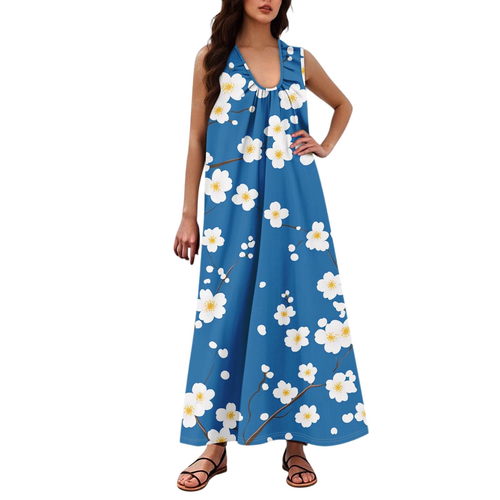 

Женская Мода Повседневная А-силуэт Цветочный Принт Эффект Молотка Свободная Длинная Юбка с Карманами XL небесно-голубой