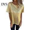 Loose Fit Tee Lady Summer Top Round Neck Short Sleeves Pullover Blouse Glossy Stretchy Women Shirt Surface Pure Color T-shirt for Daily Wear