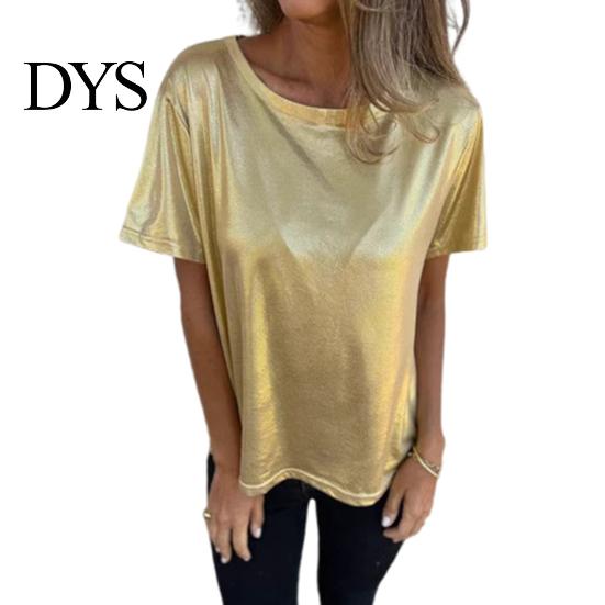 Loose Fit Tee Lady Summer Top Round Neck Short Sleeves Pullover Blouse Glossy Stretchy Women Shirt Surface Pure Color T-shirt for Daily Wear