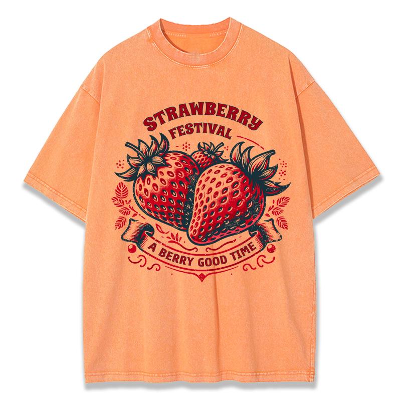 Strawberry Estival A Berry Good Time Prints Washed TShirt Women Cotton Tops Street Comfortable ONeck T Shirt Summer Clothes
