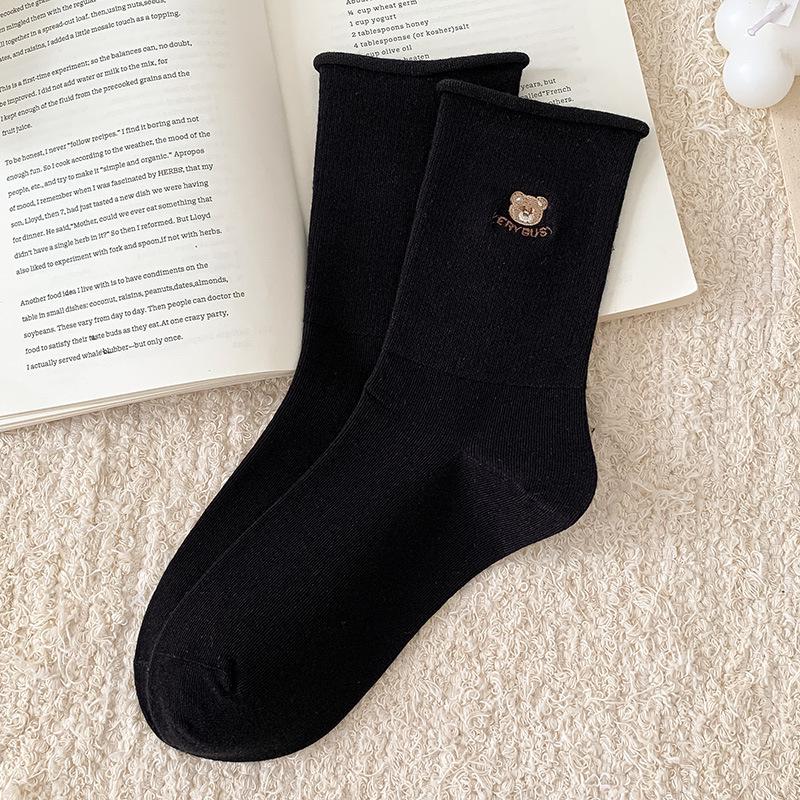 2025 Spring/Fall Women's Mid-Calf Cartoon Bear Pile Socks - Retro College Style, Warm and Rolled Edge