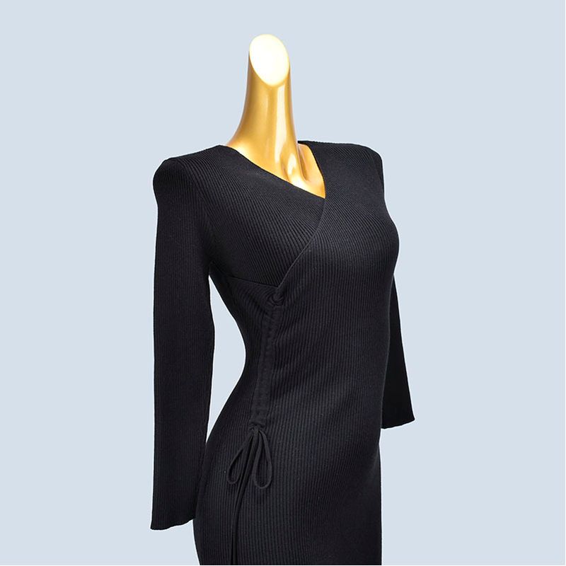 Fall and Winter New Arrival Slim-Fit High Waist Figure Flattering Shoelace V-neck Sexy Slit Knitted Skirt Base Long Sleeves Dress Women