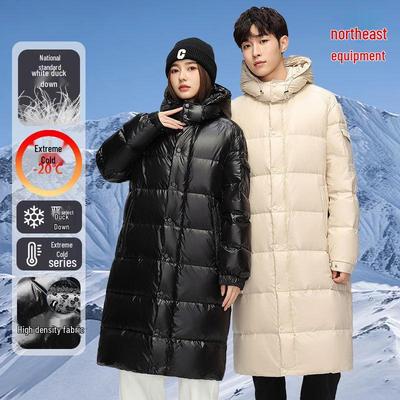 Unisex Daunenjacke für den Winter aus dem Nordosten: Mittellang, Warm, Dick, Mit Kapuze, Über das Knie Kälteschutz.