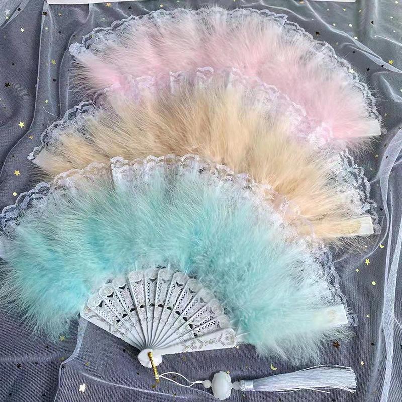 Sweet Feather Folding Fan Japanese Fairy Girl Dark Gothic Court Dance Hand Fan With Pendant Gift Wedding Party Decoration