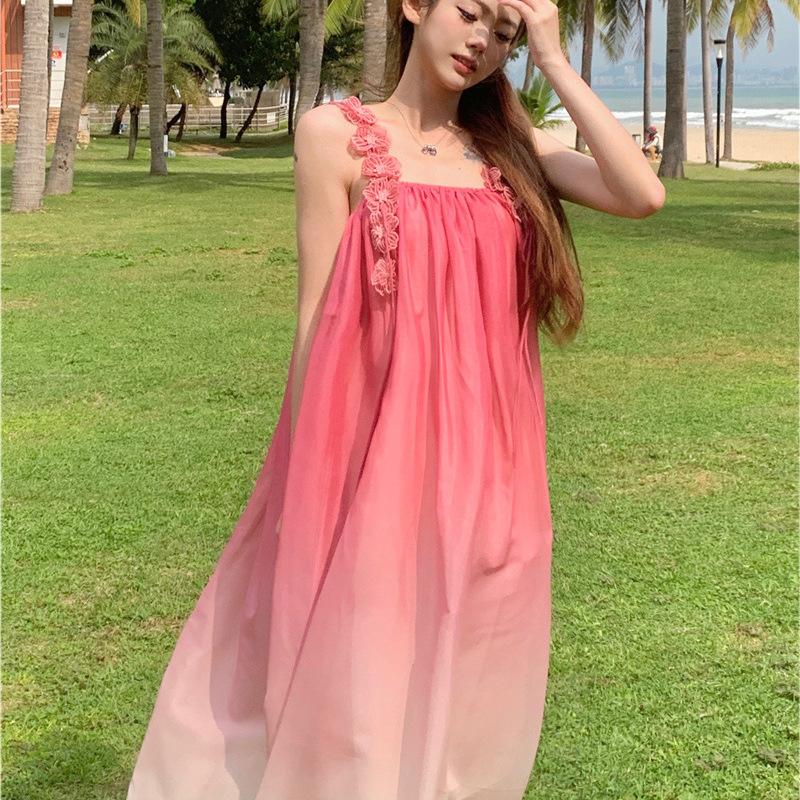 French Pink Suspender Dress Children's Summer Super Fairy Temperament High Sense Sanya Seaside Vacation Beach Dress