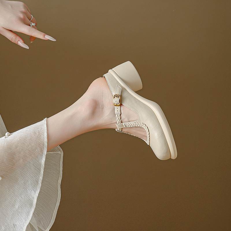 Krazing Pot Cow Skin Round Toe Size 42 Thick Round Med Heels Slip on Platform Mules Gladiator Autumn Pumps