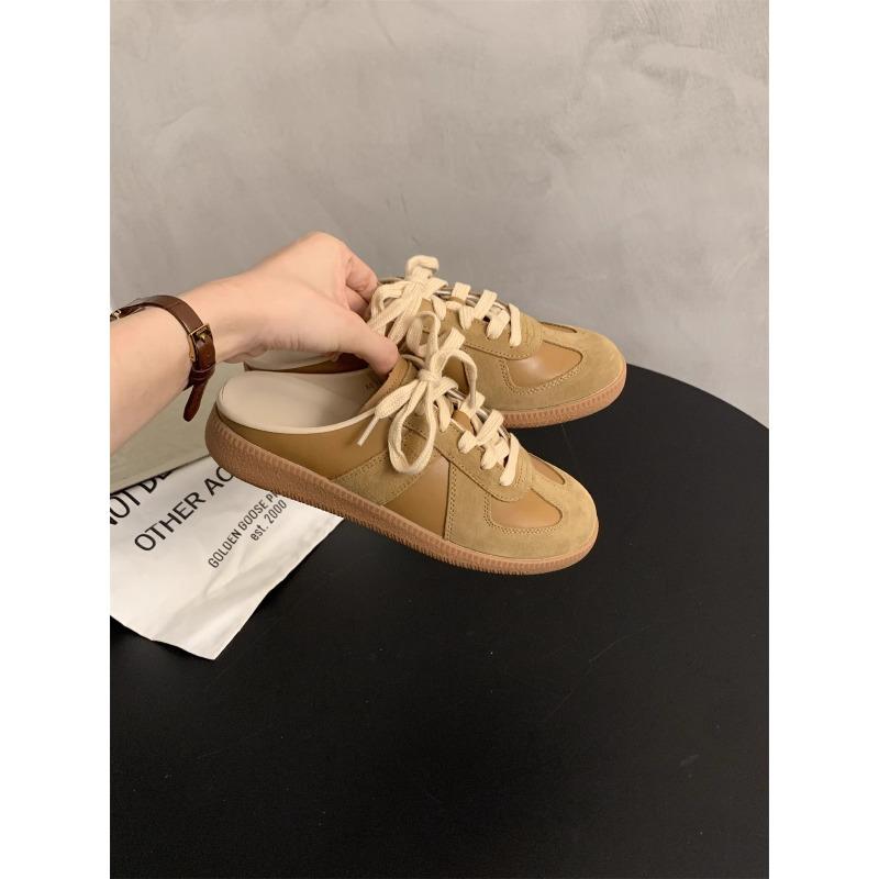 Leather Retro Color Matching Bag Head Half Slippers Women's Summer Wear New Flat-bottomed One-pedal Casual Shoes