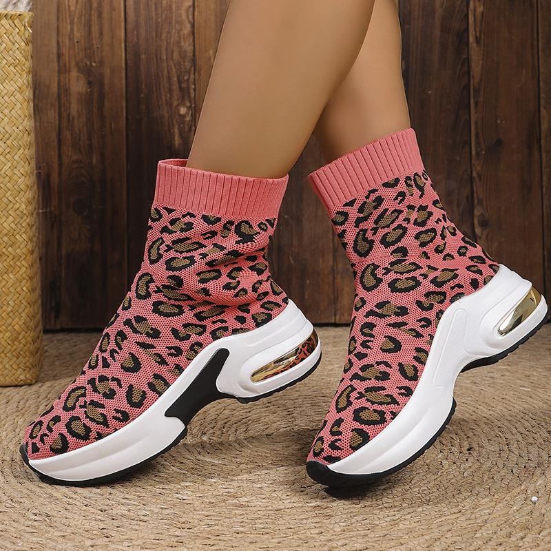 Fashion Fashion Leopard Print Platform Ankle Boots Women Comfy Slip On Breathable Knitted Boots Woman Plus Size 35-43 Wedges Short Boots