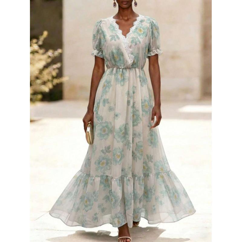 Europe, America 2026 summer new printing splicing lace bubble sleeve elegant long dress S