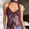Vintage Polka Dot Ruffled A-Line Halter Neck Tie-Up Camisole with Mesh Patchwork Design and Sleeveless Top