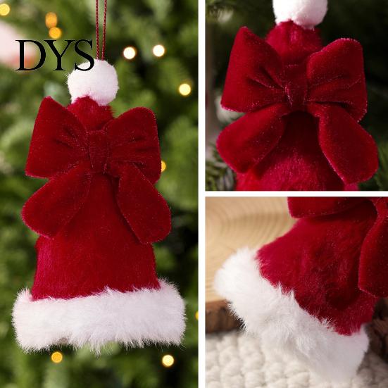 Small Holiday Gift Embellishments Plush Santa Hat Christmas Tree Ornament with Bow Decor, Xmas Hanging Pendant Soft Ornaments Lanyard for Decoration,