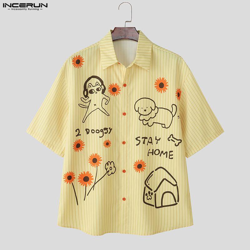 INCERUN Oversized Men Lapel Neck Short Sleeve Cartoon Print Casual Loose Shirts
