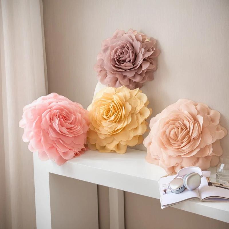European Flower Cushion Cover Stereoscopicl Organza Flower Pillowcase Round Luxury Cushion Princess Style Sofa Home Decoration