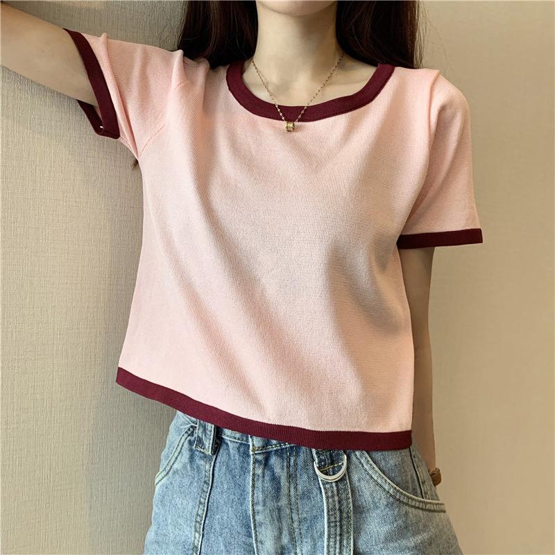 Summer Thin Retro Korean Short Sleeve T-Shirt Contrast Short T-shirt Top Women's Ins Fashion